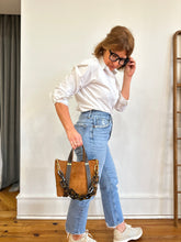 Load image into Gallery viewer, Small Tote in Caramel Suede with 1” Deep Olive Straps