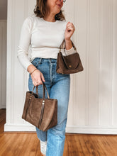 Load image into Gallery viewer, Small Tote in Mocha Latte Suede with Deep Olive Straps
