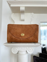 Load image into Gallery viewer, Cope & Co. Petite Flap Bag Caramel Suede Bag with Leather Shortie Handle - Heirloom Suede Collection