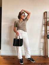 Load image into Gallery viewer, Small Tote in Black Noir All Weather Suede with 3/4” Deep Olive Straps