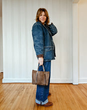Load image into Gallery viewer, Small Tote in Mocha Latte Suede with Deep Olive Straps
