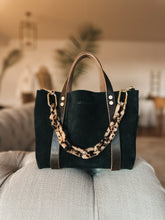 Load image into Gallery viewer, Small Tote in Black Noir All Weather Suede with 3/4” Deep Olive Straps