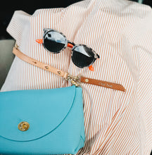 Load image into Gallery viewer, Cope & Co. Petite Flap Bag Milled Poolside Bleu Leather Bag with Leather Shortie Handle