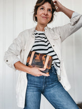 Load image into Gallery viewer, Mini Clutch in British Tan Camouflage Leather with Natural DeLuxe Straps with shortie handle