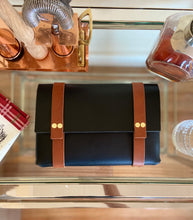 Load image into Gallery viewer, Medium Clutch in Black Vegetable Tanned Leather with Cognac Straps