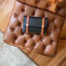 Load image into Gallery viewer, Medium Clutch in Black Vegetable Tanned Leather with Cognac Straps