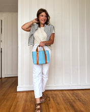 Load image into Gallery viewer, Small Tote in Poolside Bleu Milled Italian Leather with Saddle Straps
