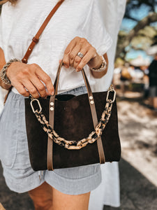 Small Tote in Darkest Chocolate Suede with Deep Olive Straps