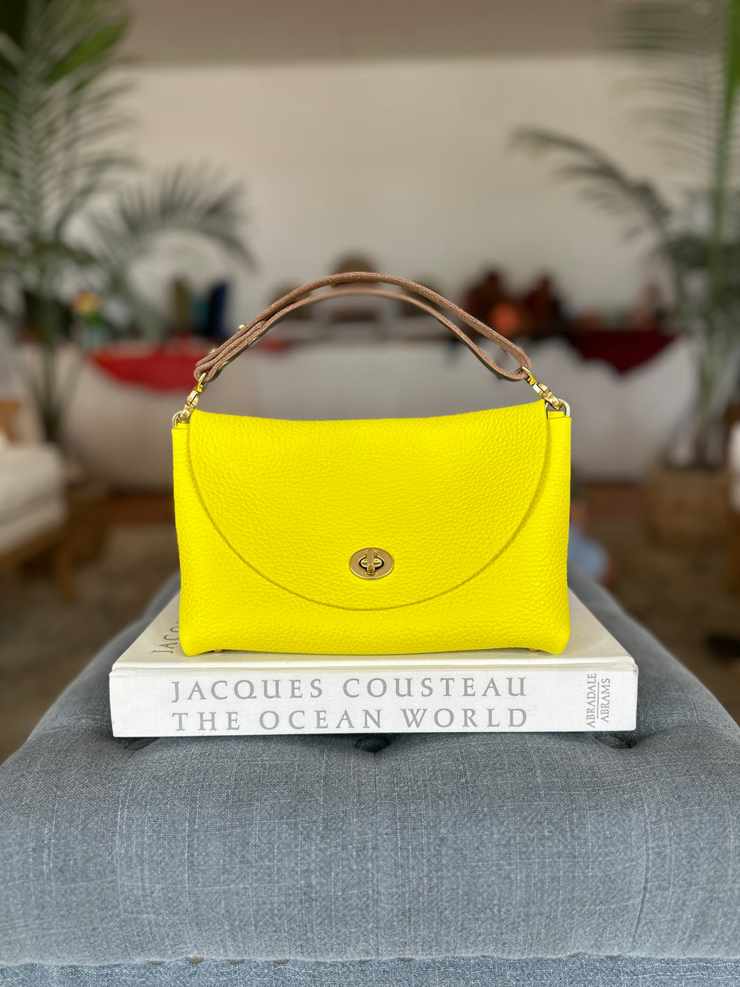 Petite Flap Handbag in Milled Limoncello with Shortie Leather Handle