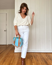 Load image into Gallery viewer, Small Tote in Poolside Bleu Milled Italian Leather with Saddle Straps
