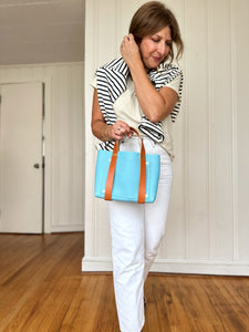 Small Tote in Poolside Bleu Milled Italian Leather with Saddle Straps
