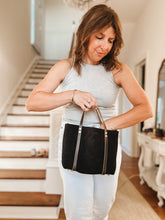 Load image into Gallery viewer, Small Tote in Darkest Chocolate Suede with Deep Olive Straps
