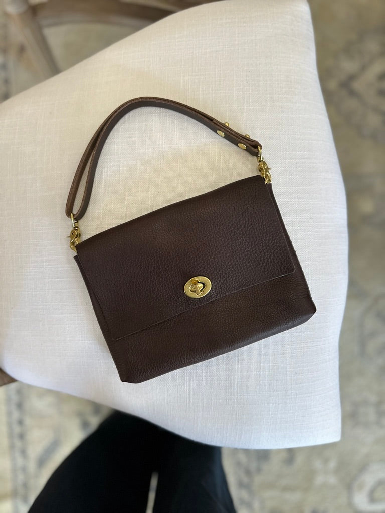 Mini Clutch with Twist Lock in Chocolate Milled Vegetable Tanned Leather with Shortie leather handle