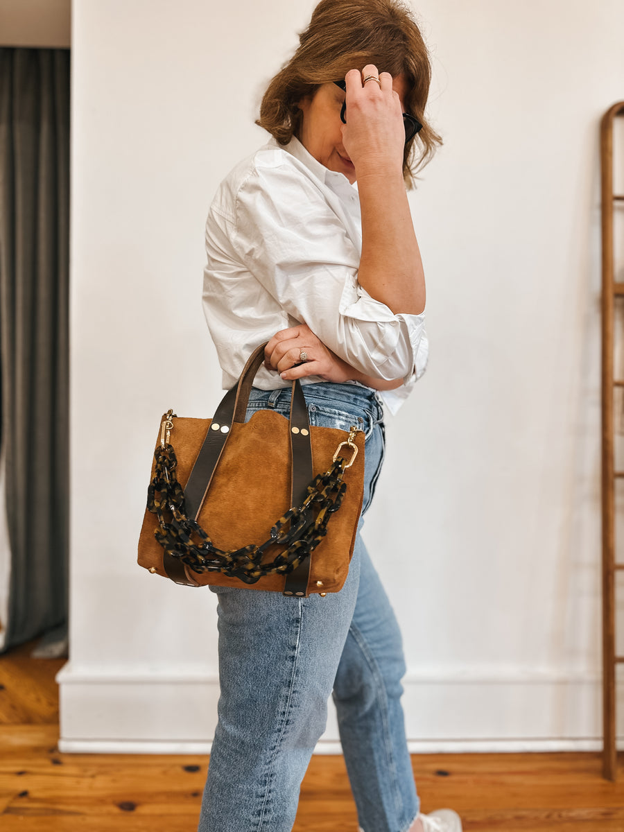 Small Tote in Caramel Suede with 1” Deep Olive Straps – Cope & Co.
