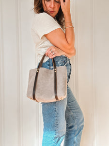 Small Tote in Oyster Pearl Gray Suede with Deep Olive Straps