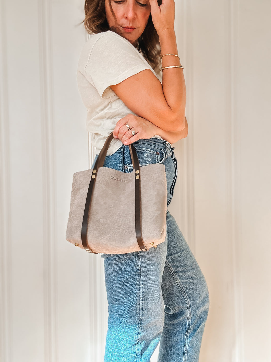 Small Tote in Oyster Pearl Gray Suede with Deep Olive Straps