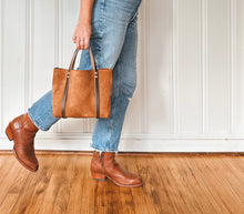 Load image into Gallery viewer, Small Tote in Caramel Suede with Deep Olive Straps
