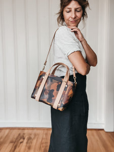 Small Tote in British Tan Camoflauge Milled Vegetable Tanned Leather with Natural DeLuxe Straps