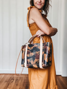 Medium Tote in British Tan Camouflage Milled Leather with Natural DeLuxe Handles