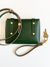 Load image into Gallery viewer, Mini Clutch in British Racing Green Vegetable Tanned Leather with Crossbody and Wristlet Straps
