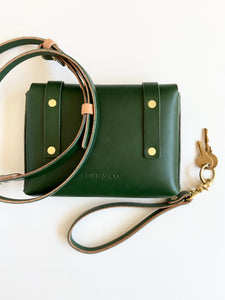 Mini Clutch in British Racing Green Vegetable Tanned Leather with Crossbody and Wristlet Straps