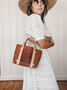 Small Tote in Cognac Milled Vegetable Tanned Leather with Natural DeLuxe Straps