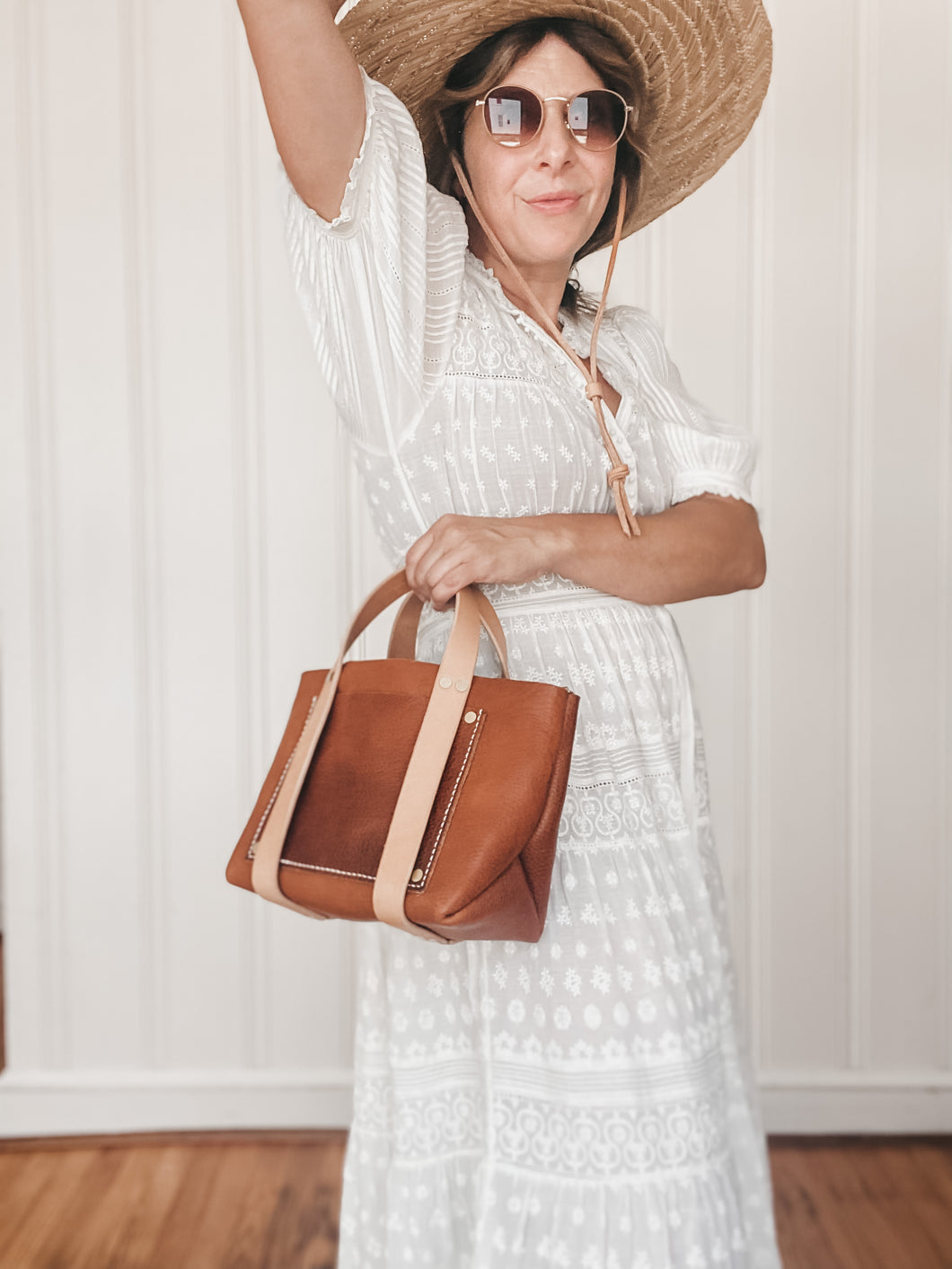 Small Tote in Cognac Milled Vegetable Tanned Leather with Natural DeLuxe Straps