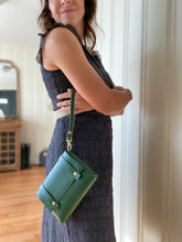 Load image into Gallery viewer, Mini Clutch in British Racing Green Vegetable Tanned Leather with Crossbody and Wristlet Straps
