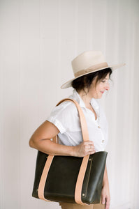 Large Tote in Army Vegetable Tanned Leather with Natural DeLuxe Handles